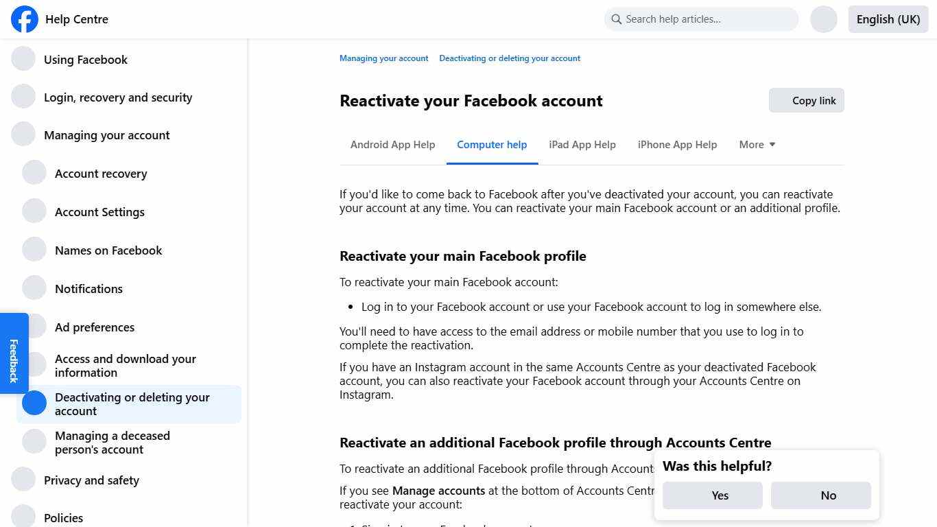 Reactivate your Facebook account Facebook Help Centre