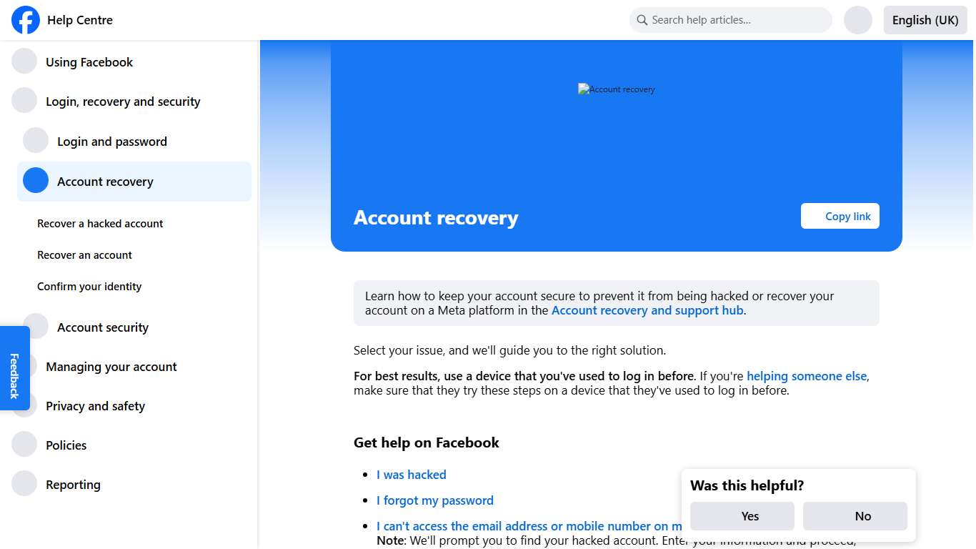 Account recovery Facebook Help Centre