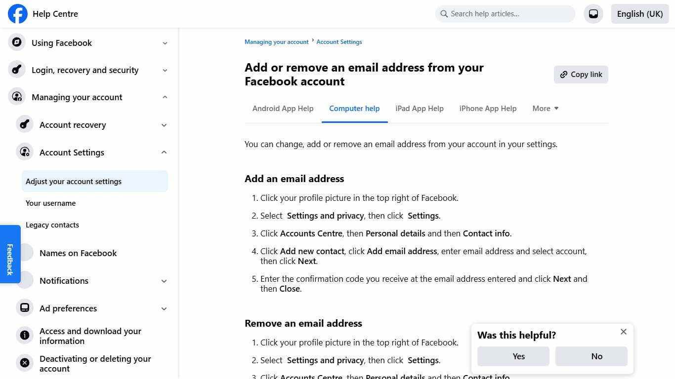 Add or remove an email address from your Facebook account Facebook Help Centre